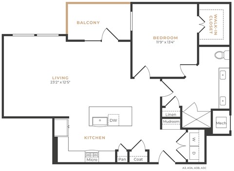 Floor plan for 1 bed, 1 bath, 1029 sqft